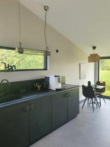 TietjerkHippe Schuur的厨房配有绿色橱柜和桌椅