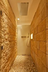 科隆Designer-Loft mit Whirlpool的墙上的浴室设有步入式淋浴间