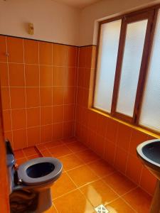 Isla de SolHostal Tawri的橙色浴室设有卫生间和水槽
