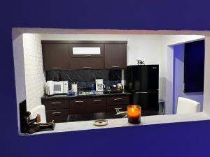 圣胡安Satisfaction的厨房配有棕色橱柜和黑色冰箱