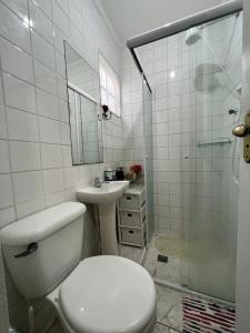 帕拉蒂Casa verde no centro de Paraty的浴室配有卫生间、盥洗盆和淋浴。