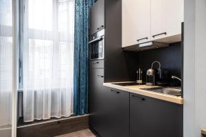 纽伦堡Aparthotel by dasPaul的厨房配有白色橱柜、水槽和窗户。