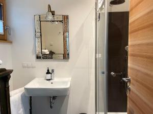 格拉本斯塔特Matador Lodges的浴室配有盥洗盆和带镜子的淋浴