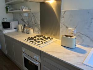阿布罗斯Fernlea spacious apartment的厨房柜台配有炉灶和烤面包机。