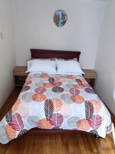 洛哈Dulce Hogar 02的一间卧室配有一张带彩色床罩的床