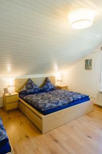 HerrischriedFerienwohnungen Am Skilift的一间卧室配有一张带蓝色棉被的床