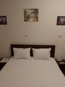 加拉茨Casa Stefan Galati的卧室配有一张大床,墙上挂有两张照片