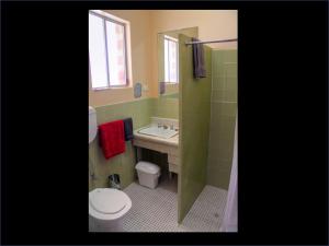 奥古斯塔港潘帕斯奥古斯塔港汽车旅馆的一间带卫生间、水槽和镜子的浴室