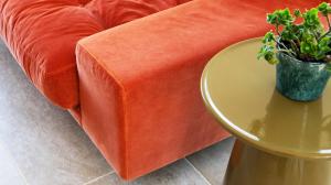 南塞尔尼Gorgeous 4 bedroom Cotswolds home with lake view的橙色的长沙发,桌子和盆栽植物