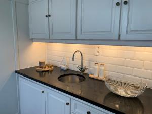 德哈恩Villa Emilia的厨房柜台配有水槽和白色橱柜