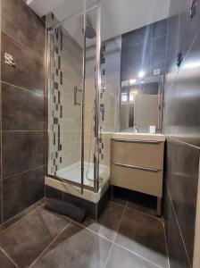 马赛CHAMBRE MIROIR Marseille T2 + jardin privé的带淋浴和盥洗盆的浴室