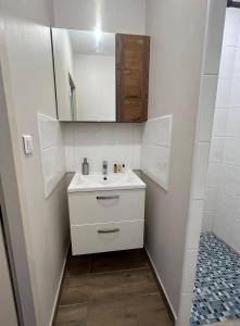 Saint-FonsAppartement rénové à 15min de Lyon的浴室设有白色水槽和镜子