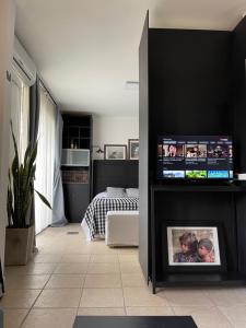 贝伦埃斯科巴Estudio的客厅设有壁炉,配有平面电视。
