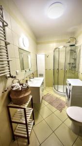 乌斯特卡Apartament DANA piękna plaża wydmy las的一间带水槽、淋浴和洗衣机的浴室