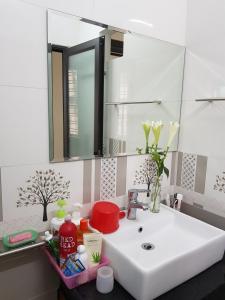 河内Water puppet nest - private and cozy space for you的浴室的柜台设有水槽和镜子