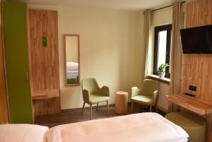 纽伦堡Der Höfener Garten的酒店客房配有一张床、两把椅子和一台电视