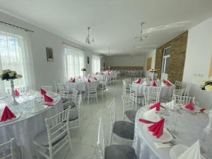 诺瓦齐- 斯特拉尼Pensiunea Adrian的一间设有白色桌椅和红色餐巾的房间