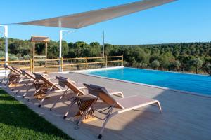 埃斯特雷莫斯Reflexos D'Alma Turismo Rural的一组椅子坐在游泳池旁的甲板上