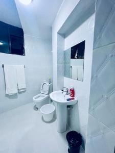 纳纽基Abby Studio Apartment with Swimming Pool的白色的浴室设有水槽和卫生间。