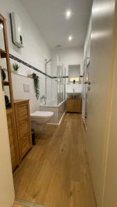 埃森Apartment am Zollverein -WiFi - Parking for free的浴室配有卫生间、盥洗盆和浴缸。