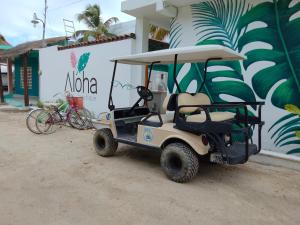奥尔沃克斯岛Casa aloha-Isla Holbox的停在大楼前的高尔夫球车