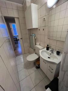 布鲁塞尔Cosy Apartment Merode的白色的浴室设有卫生间和水槽。