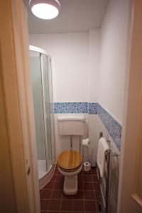爱丁堡Cosy one bedroom flat in city center的带淋浴的浴室以及带木制座椅的卫生间。