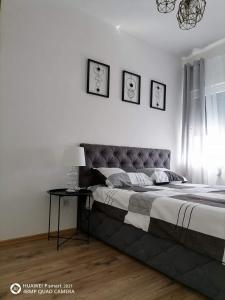 布尔奇科Apartman SATO的一间卧室配有一张大床和一张桌子
