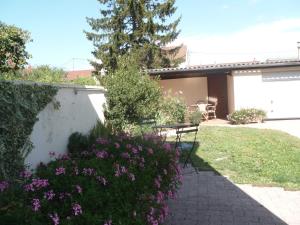 第戎L'Escale Dijonnaise的种有长凳和紫色花卉的花园