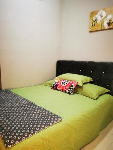 关丹BR Guesthouse Kuantan的一张带绿色床单和枕头的床