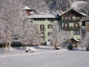 ImerHotel Miravalle的一座大建筑前面有雪覆盖的树木