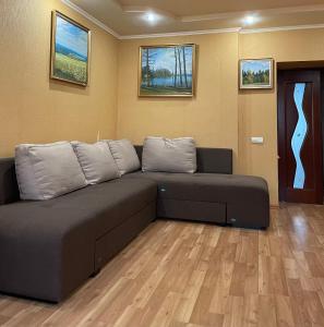 鲍里斯皮尔Boryspil Airport Luxury apartment的客厅设有一张沙发,铺有木地板