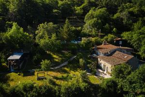 Saint-BasileLes Grangeonnes, gîtes nature, piscine, bain nordique, sauna pour accueil familiale ou de groupe的森林中房屋的空中景观