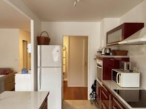 艾克斯莱班Appartement en plein cœur d'Aix-les-Bains的厨房配有白色冰箱和微波炉