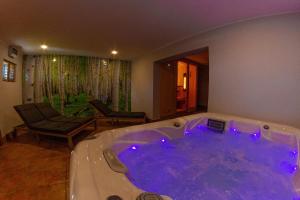 Andy's Holiday Home with HotTub & Sauna的客房内的按摩浴缸配有紫色灯