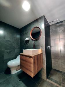 巴尼奥斯593 Hotel Boutique Baños的一间带水槽、卫生间和镜子的浴室