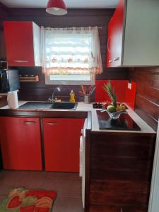 MontjolyCouleurs îsles的厨房配有红色橱柜、水槽和窗户