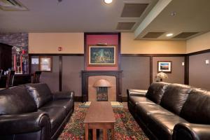 WalkerChase On The Lake的客厅配有真皮沙发和壁炉