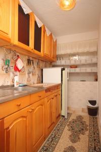 ŠtivanApartment Stivan 382d的厨房配有木制橱柜和白色冰箱。