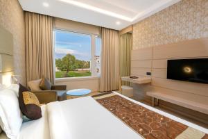 焦特布尔拉瑞亚度假酒店的配有一张床和一台平面电视的酒店客房