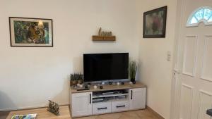 索尔古河畔的恩特莱奎斯Studio les petits lutins的客厅配有壁橱上的平面电视