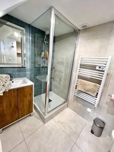 图卢兹Appartement au centre de Toulouse的带淋浴和盥洗盆的浴室