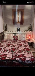 马克里尼撒Η θεα traditional house的一间卧室配有一张带花卉图案的毯子的大床