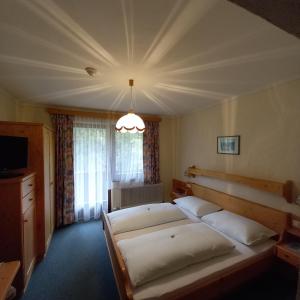 斯拉德明Hotel Pension Berghof的一间卧室配有两张床和吊灯。