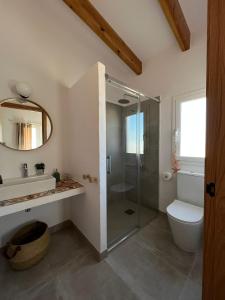 圣海梅-德恩韦哈Mas Midó的带淋浴、卫生间和镜子的浴室