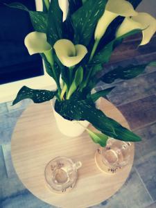 YervilleEscapade Normande SPA的一张桌子上装有白色花的花瓶