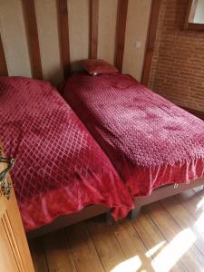 YervilleEscapade Normande SPA的一间卧室配有两张带红色棉被的床。