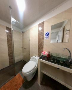 比亚维森西奥Hotel Royal Classy的浴室配有卫生间、盥洗盆和淋浴。