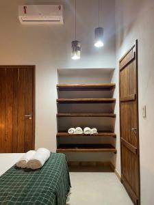 索雷POUSADA IPIRÃTÃ - Turismo de Vivência Cultural的一间卧室配有一张带绿毯和书架的床。