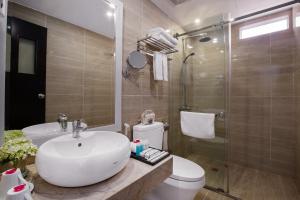 河内HANOI FLORA HOTEL的一间带水槽、卫生间和淋浴的浴室